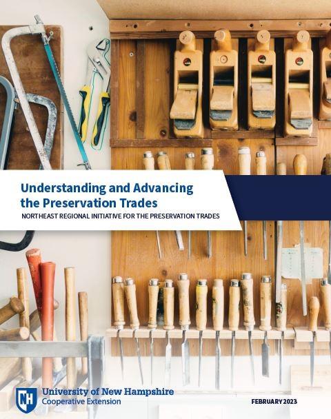 Cover of preservation trades workforce report with title banner and picture of woodworking tools in the background