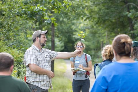 Extension Forester Mike Gagnon shows participants an invasive plant