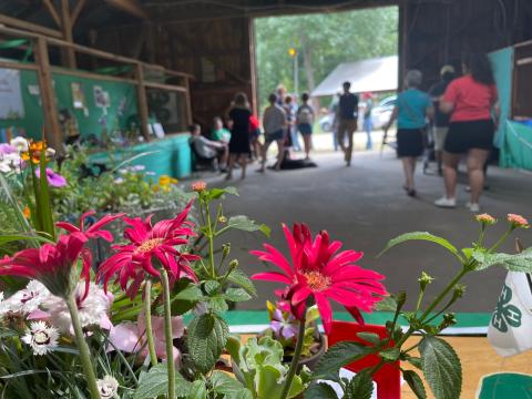 Picture of flower arrangement and barn in background.