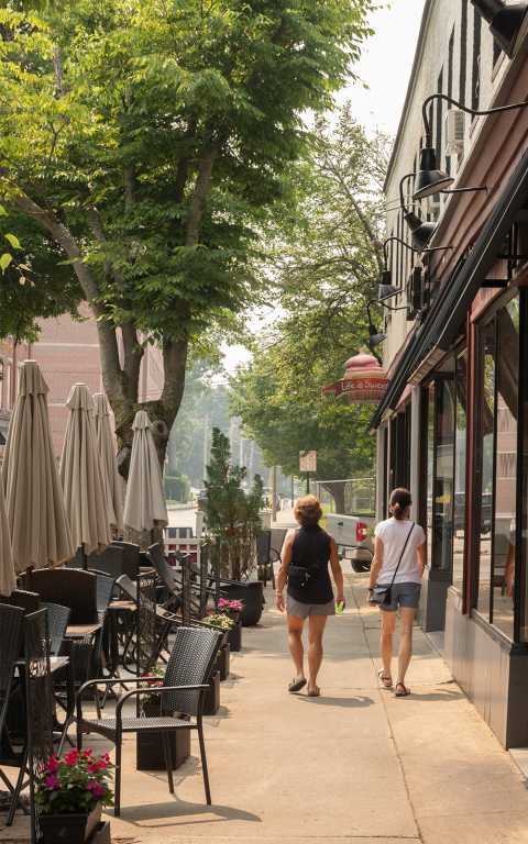 Two people walking down city street