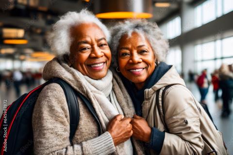 Two african american elderly women happy laughing tourists at the departure hall of a modern airport.