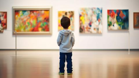 Child standing in an art gallery