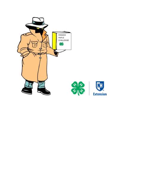 Graphic of spy holding Mission Maple Challenge book with 4-H and UNH Extension logo beside