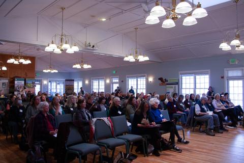 an audience of women watching a presentation