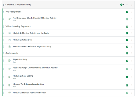 Boost Your Brain Self-Study program module example showing hierarchy of pre-assignments, video learning segments, and assignments.