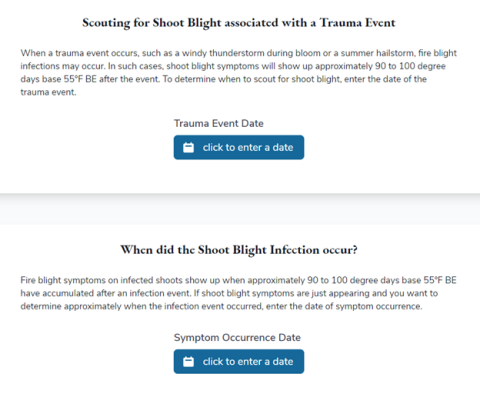 Example of NEWA feature that helps you time shoot blight scouting associated with trauma events, and one to help determine when the infection occurred.