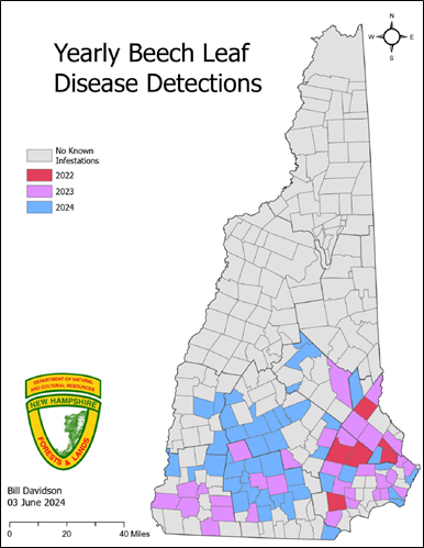 Map indicating southern to central NH locations of Beech Leaf Disease detection. Map by NH Bugs