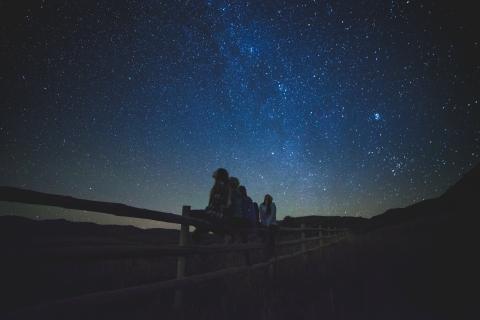 People sitting on fence, stargazing