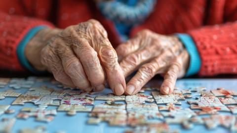 A older woman's hands putting a puzzle piece in a puzzle. Adobe Stock ©Attasit