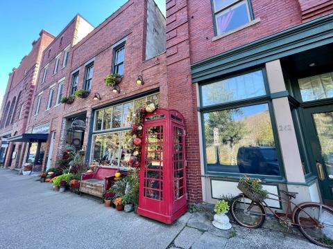 A downtown sidewalk with planted pots, an old bicycle and a red telephone box.