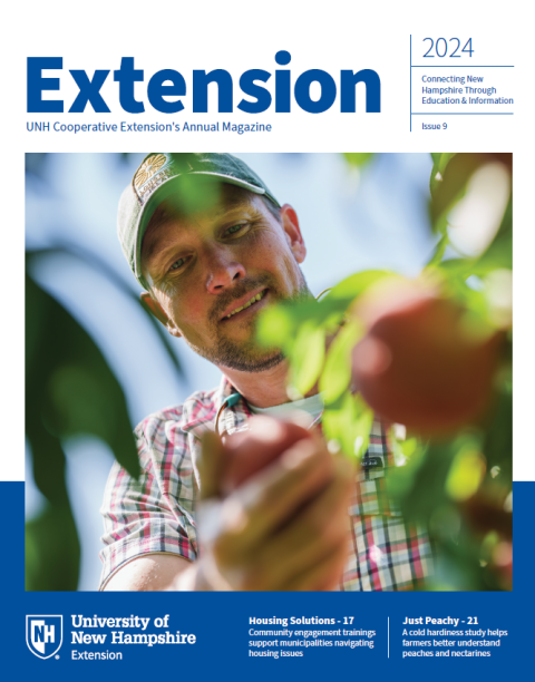 Cover of Extension Magazine with photo of man picking a peach