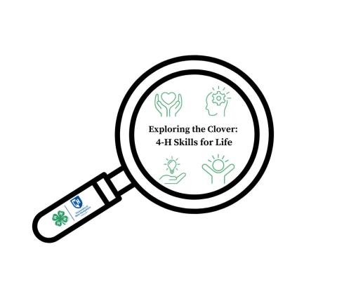 Magnifying glass with images and Exploring the Clover: 4-H Skills for Life inside