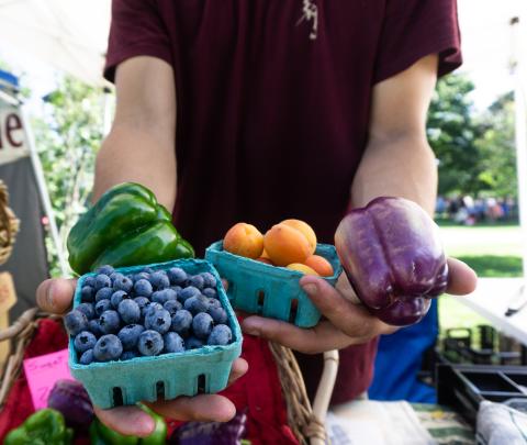 Person holding fruits and vegetables at a farmers' market