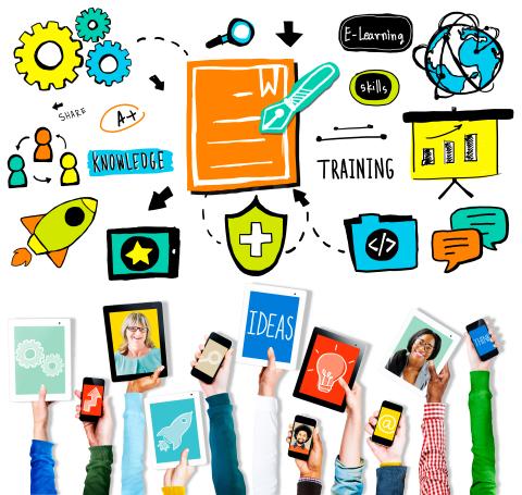 a variety of colorful icons relating to learning and digital devices