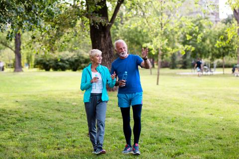 Older couple walking in a park.