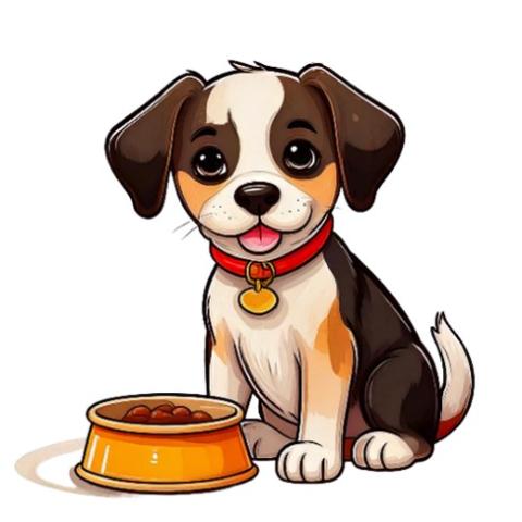 illustration of brown, tan, and white dog wearing a red collar, sitting next to a bowl of food