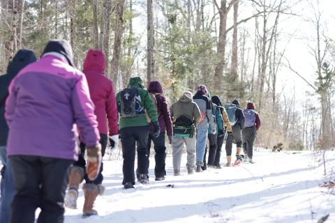 women walking in a line through the snow