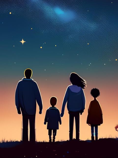 illustration of two adults and two children standing outside at night stargazing