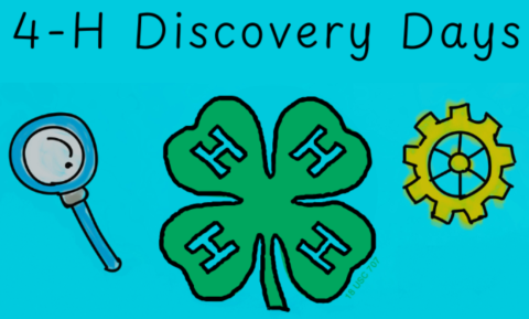Illustration of magnifying glass, 4-H four leaf clover, and gear. Text reads 4-H Discovery Days