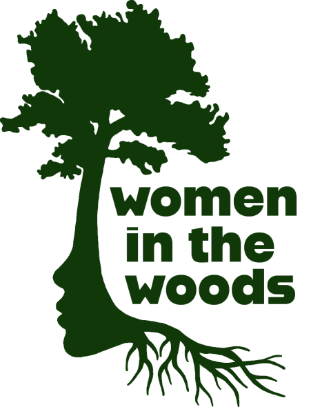 a women's face blended into a tree trunk with the words women in the woods on the right side