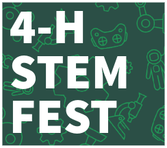 collage of light green STEM themed illustrations on dark green background, text 4-H Stemfest