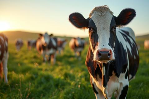 Close-up of a dairy cow looking at the camera on a lush green pasture at sunset, highlighting sustainable farming.