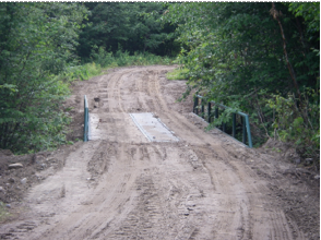 Dirt road with a bridge in the woods