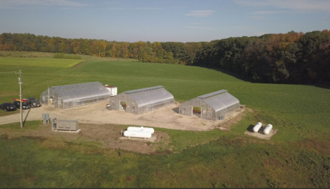 aeral view of three greenhouses