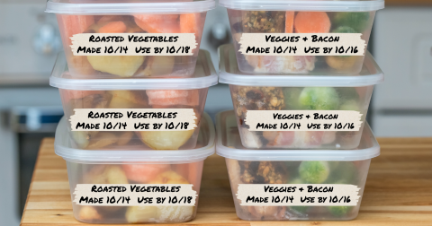 containers of mixed foods labeled with name, date made, date to use by
