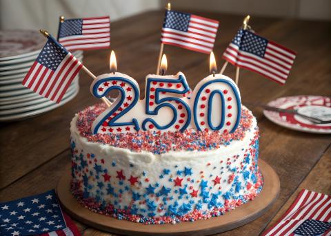 Close up of a cake decorated in red, white and blue to celebrate 250 years of the USA