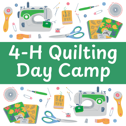 text 4-H Quilting Day Camp with illustrated graphics of sewing machines and sewing supplies