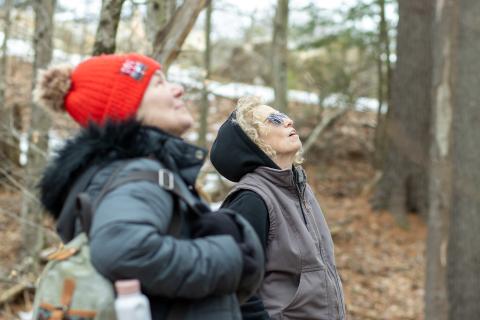 a women outside wearing a red hat looking up into the trees