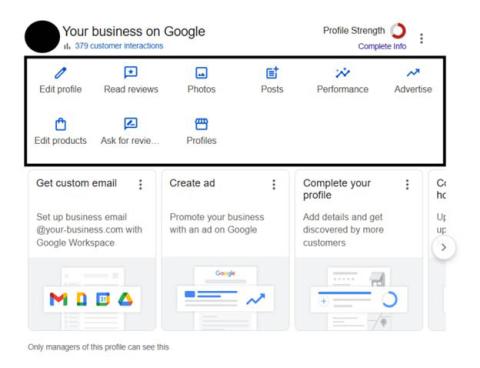 Google Business Profile dashboard for a farm business, showing where users can edit business information, ask for reviews, add photos and posts, and check profile performance.