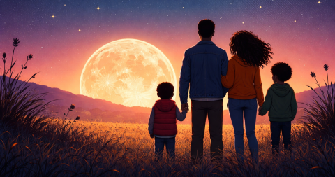 illustration of two kids and two adults standing outside looking at the moon at night