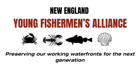 New England Young Fishermen’s Alliance logo with the organization name in black and red text, accompanied by black icons of a crab, lobster, fish, and shell, and the tagline ‘Preserving our working waterfronts for the next generation.
