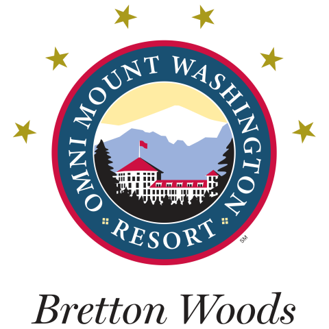 Round graphic logo of the Mount Washington Resort in white with red roof against a mountain background