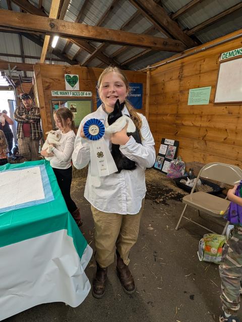 4-H Youth holding rabbit and fair ribbon