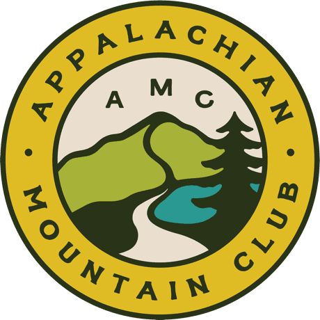 Appalachian Mountain Club logo round text in outer rim with gold fill center is mountain and river graphic with a pine tree 