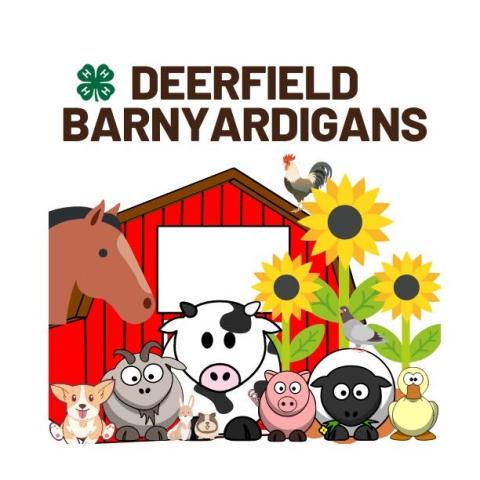 Logo for Deerfield Barnyardigans 4-H Club featuring a cartoon barn and cartoon farmyard animals