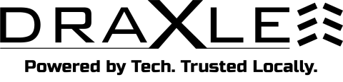 Simple black text logo for Draxle subheading says Powered by Tech. Trusted Locally.