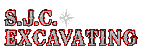 S.J.C Excavating bold western style text logo maroon outline silver fill small star next to SJC