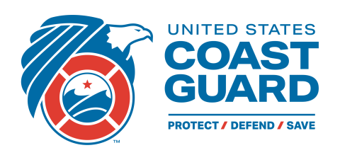 Eagle over a large life preserver o with ocean graphics logo for the US Coast Guard text below says protect defend save