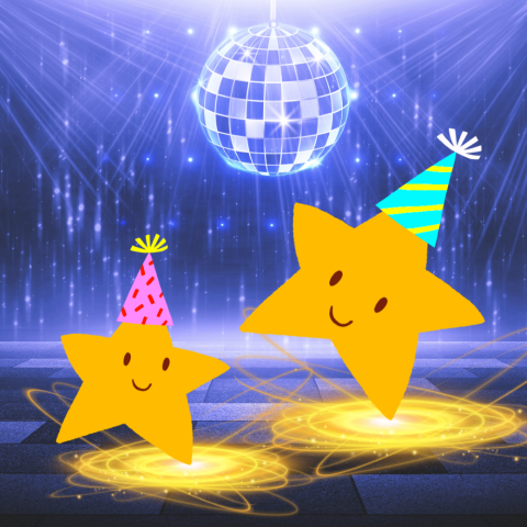 illustration of two stars wearing party hats dancing under a disco ball
