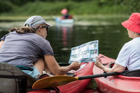 Women in kayaks identifying invasive plants