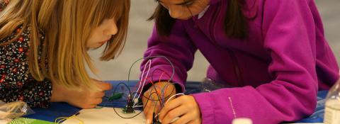 Two 4-H members working on a circuitry project.