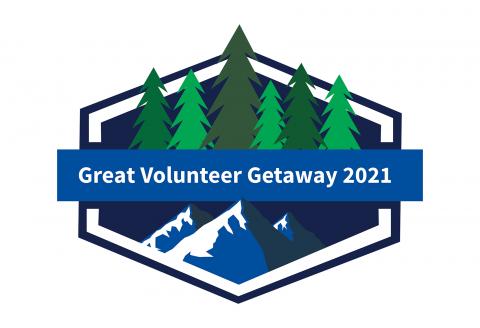 Great Volunteer Getaway 2021 logo with mountains and trees