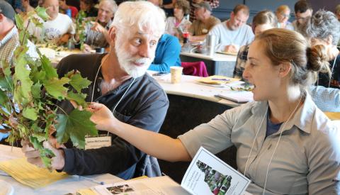 Two people are looking at a plant. They are seated with others in a classroom. On the right, a woman in a gray shirt looks at and identifies the plant by holding a leaf. On the left, a man with a white beard and a blue shirt holds the plant and is looking at the woman and listening to her.