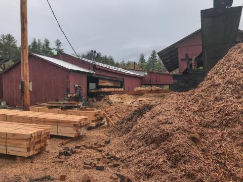 Lumber being processed at a sawmill.