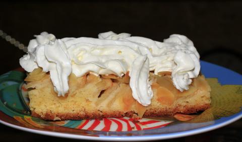 Slice of apple cake with whipped cream on top.