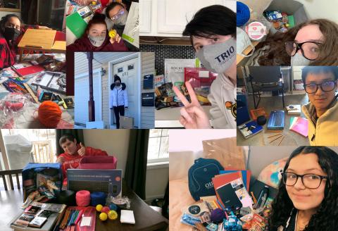 Collage of students posing with school supplies